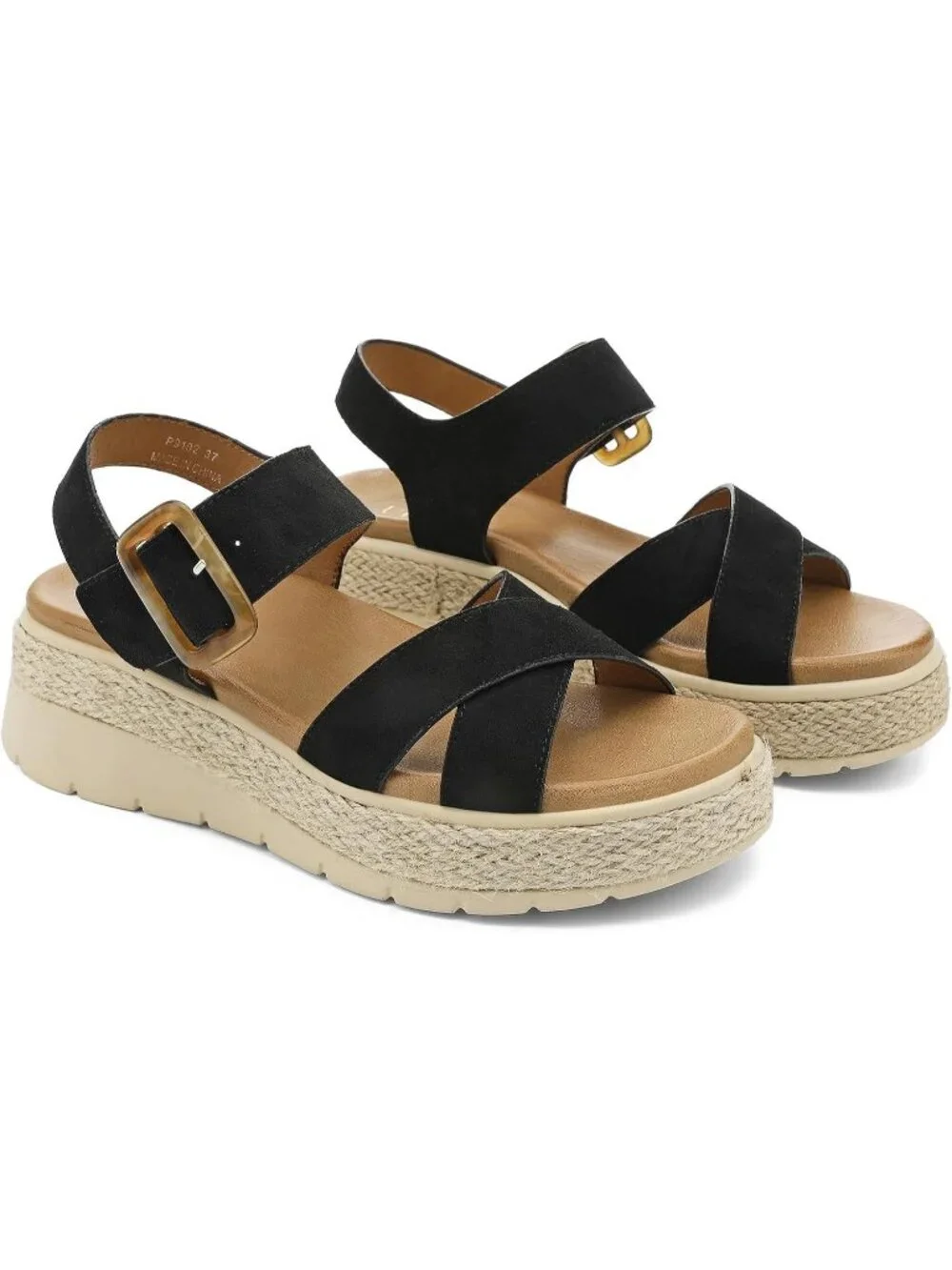 Womens Black Comfortable Solid Espadrille Low Wedge Heel Platform Sandal Shoes
